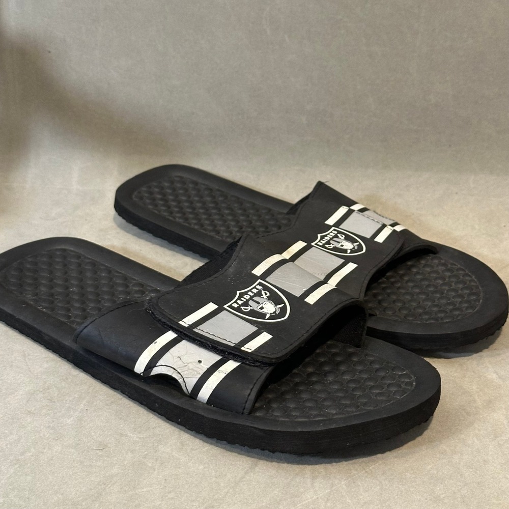 NFL Raiders Slide Sandals Black Silver Adjustable Strap Mens Size Large‎